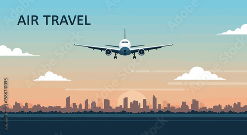 Airplane Flying Over City Skyline At Sunset For Traveling And Transportation