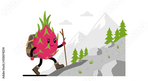 Dragon Fruit Adventurer Scaling Mountain Pass With Backpack And Hiking Stick