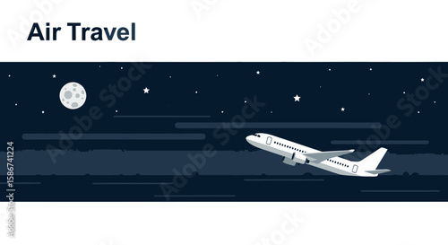 Airplane Flying Through Starry Night Sky Ascending For Air Travel Concept