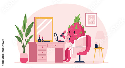 Dragon Fruit Character Applying Makeup In Pink Room Dressing Table Vector