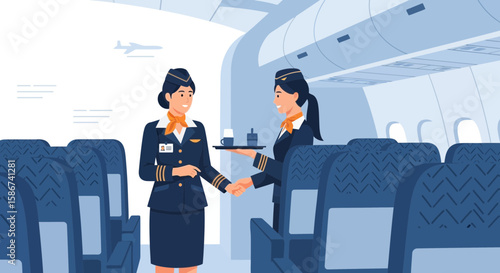 Flight Attendants Greeting On Airplane Aboard A Modern Aircraft Flying Concept