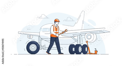 Airplane Maintenance Engineer Performing Repairs On The Aircraft Landing Gear At Airport