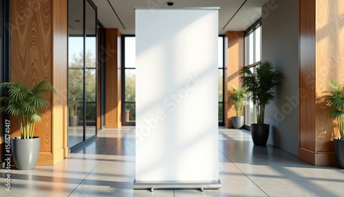 Blank roll-up banner standing in modern office lobby with plants  