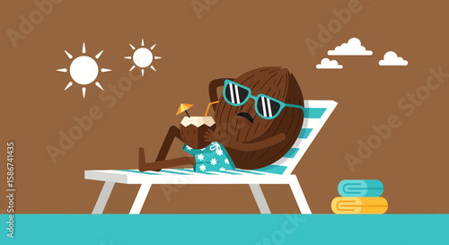 Cartoon Coconut Character Enjoying Summer Vacation On Deck Chair With Beverage