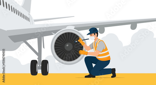 Airplane Mechanic Inspecting Jet Engine Safety First At Airport Maintenance