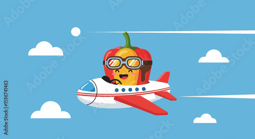 Flying High Adventure: Cartoon Pepper Character Piloting an Airplane in the Sky