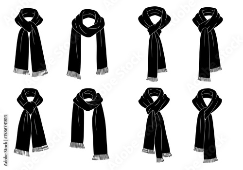 An Assortment of Black Scarves Displayed in Various Fashionable Knotting and Styling Techniques