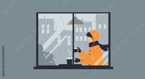Contemplative Moment Woman Gazing Out Window With Raindrops Coffee Warmth Comfort