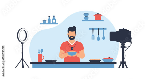 Content Creator Making a Culinary Vlog in the Kitchen Studio with Equipment