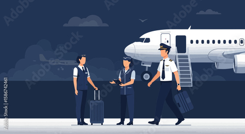 Airport Team Preparing For Boarding Flight With Stewardesses And Pilot