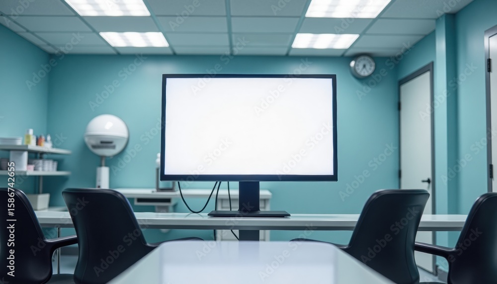 Modern conference room with empty screen and teal walls Modern conference room with empty screen and teal walls