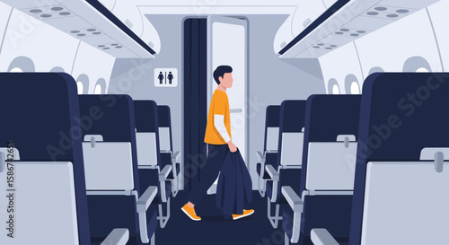 Aisle Perspective Of Man Walking Through Airplane To The Restroom