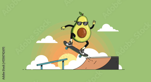Cool Avocado Character Skateboarding At The Skatepark In An Artistic Vector Design