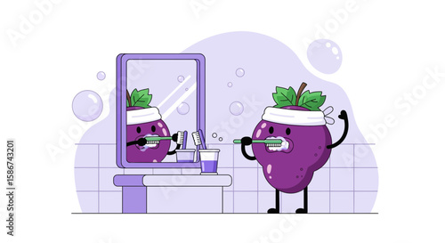 Cartoon Grape Character Brushing Teeth In The Bathroom Promoting Oral Hygiene