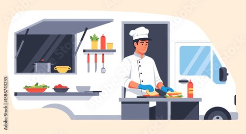Food Truck Chef Preparing Sandwich Inside a Mobile Restaurant Illustration