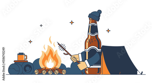 Cartoon Illustration Of A Relaxing Beer Bottle Character During A Camp Trip