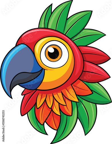 Vibrant cartoon parrot head with colorful feathers and large expressive eye