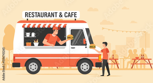 Food Truck Delivers Delicious Burgers To Customers At Outdoor Seating Area