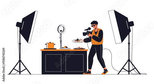 Food Vlogger Shooting Culinary Content with Professional Lighting Setup