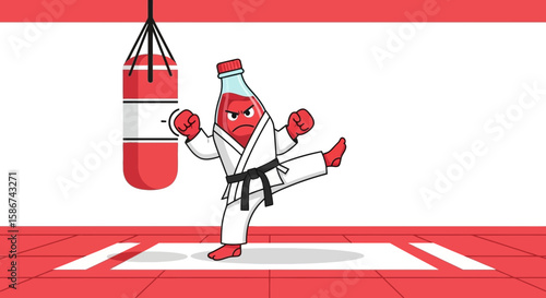 Angry Juice Bottle Practicing Karate In The Gym With Punching Bag