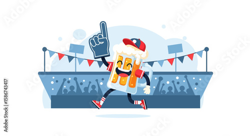 Animated Beer Mascot Running Cheerfully Through Stadium Filled With Excited Fans