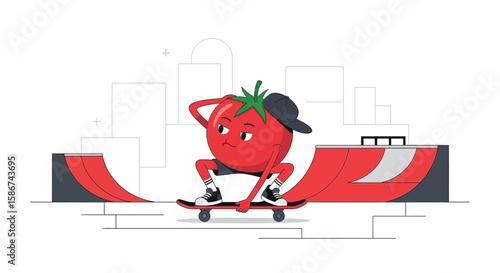 Cool Tomato Character Doing Skateboard Tricks In Skate Park Flat Vector Illustration
