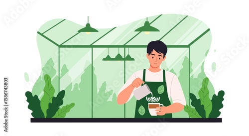 Friendly Barista Creates Coffee Art In Greenhouse Cafe Setting Perfect For Morning
