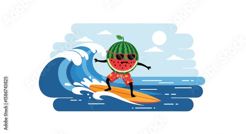 Cool Watermelon Character Surfing on a Wave Summer Season Vector Illustration