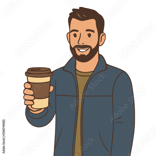 Bearded man holding coffee cup in hand, cartoon vector illustration, modern lifestyle and casual morning