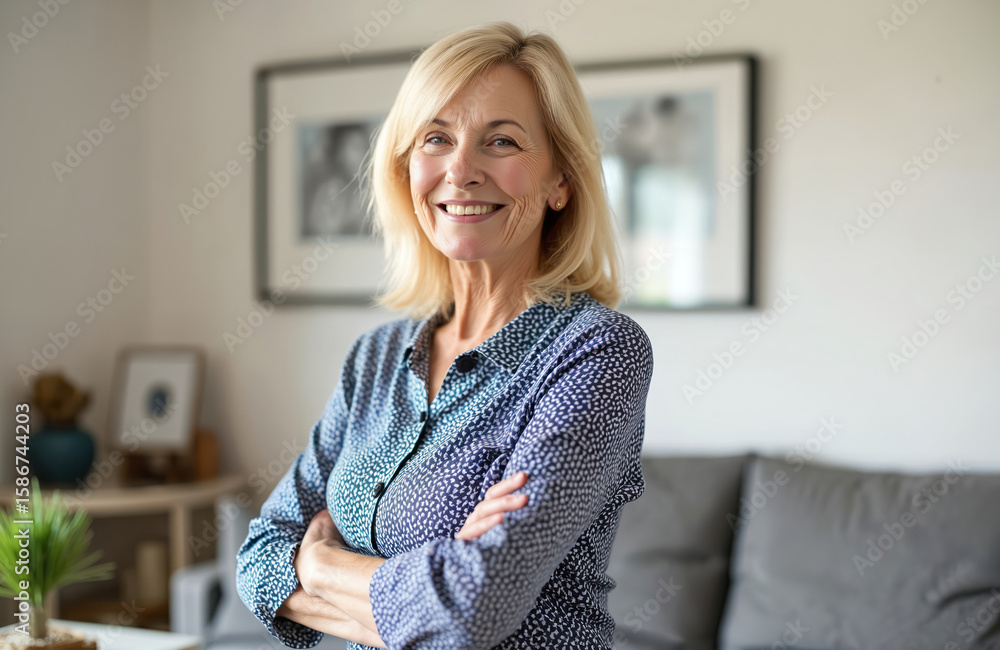 Smiling senior woman with blonde hair poses confidently in home living space. Wearing patterned blouse with arms crossed, embodying grace, relaxation. Portrait captures mature beauty, sense of Smiling senior woman with blonde hair poses confidently in home living space. Wearing patterned blouse with arms crossed, embodying grace, relaxation. Portrait captures mature beauty, sense of