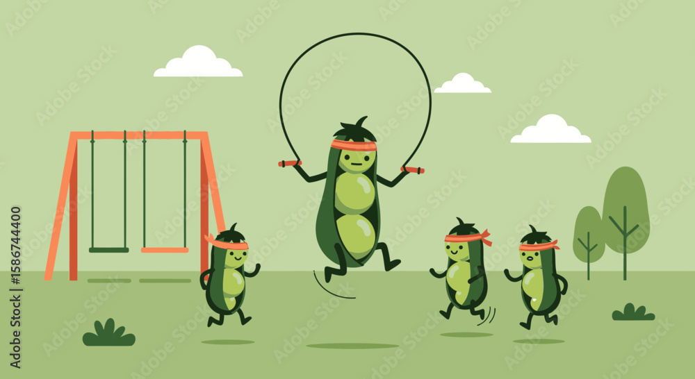 Fototapeta premium Cartoon Peas Having Fun Exercising On The Playground Vector Illustration