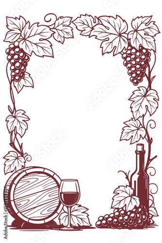 Wine festival frame with grapes, bottle and barrel in outline vector style, burgundy tones, harvest celebration and vineyard concept 