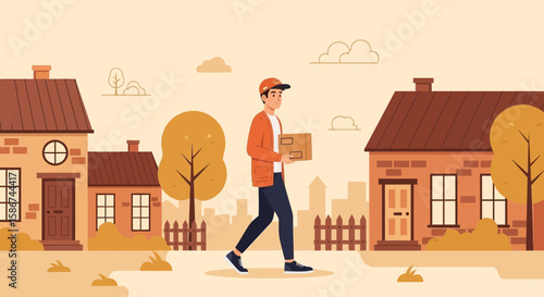 Friendly Delivery Guy Carrying a Package Walks Through a Calm Residential Neighborhood