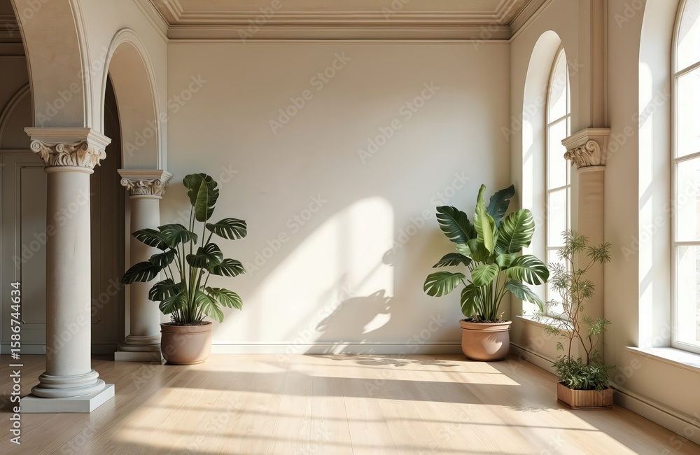Fototapeta premium Bright spacious interior room with minimalist decor featuring large potted plants near arched windows, classical columns. Light wood floor with sunlit patterns. Ideal for event backdrops, wedding