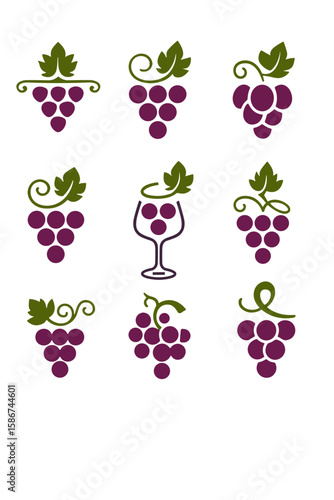 Set of grape and wine icons in decorative vector style, purple and green tones, wine festival and packaging design concept