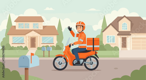 Friendly Delivery Rider On Scooter Delivering Packages In A Suburban Neighborhood