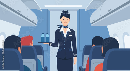 Friendly Flight Attendant Offering Refreshments To Passengers On The Airplane