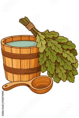 Bath bucket, oak broom and ladle in cartoon vector style, natural colors, sauna and wellness tradition concept