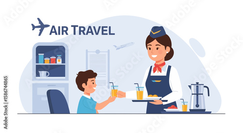 Friendly Flight Attendant Serving Refreshments To A Child On An Airplane