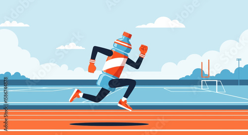 Animated Water Bottle Character Running On a Track Representing Hydration