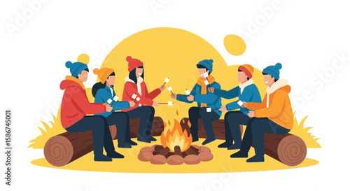Friends Around Campfire Enjoying The Outdoors And Roasting Marshmallows Together