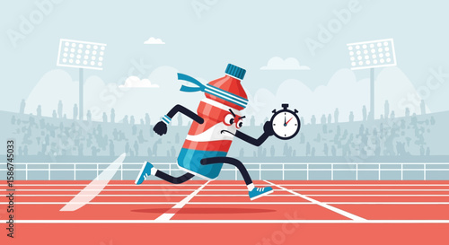 Cartoon Sport Drink Character Running With Stopwatch In Stadium During A Marathon