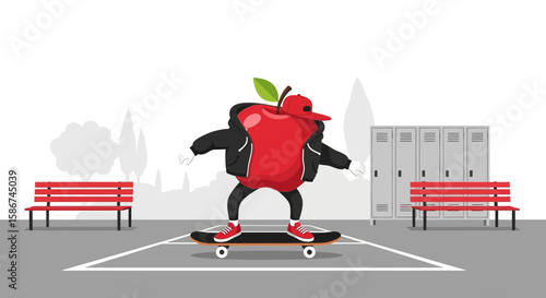 Apple On Skateboard Mascot Character At School Park Ready To Back To School
