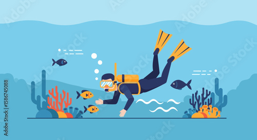 Aquatic Discovery Man Exploring Underwater World With Tropical Fish And Coral Reef