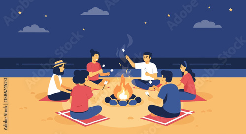 Friends Enjoying Campfire Roasting Marshmallows Under Starry Night Sky Beach