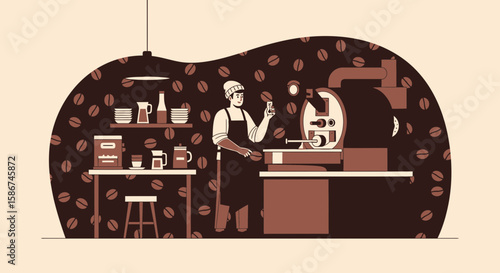 Artisanal Coffee Roasting Process With A Skilled Barista Inspecting Beans