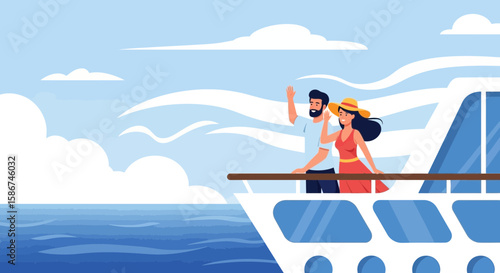 Couple Enjoying Ocean Cruise Vacation On Luxury Boat Waving Hand to Someone