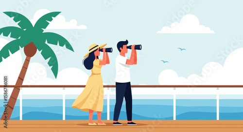 Couple Enjoying Ocean Views From Cruise Ship With Binoculars Illustration