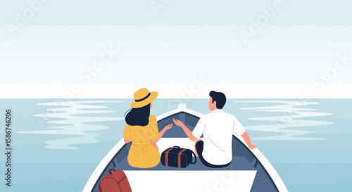 Couple Enjoying Romantic Boat Trip On Calm Sea With Horizon Silhouette