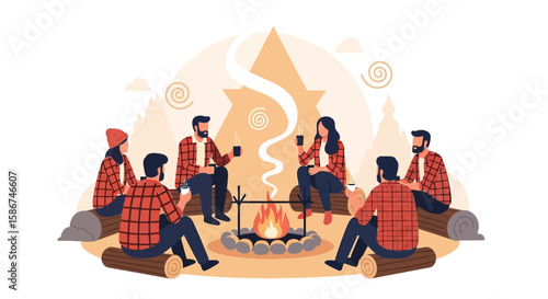 Friends Gathering Around Campfire Sharing Stories And Warm Drinks In Nature